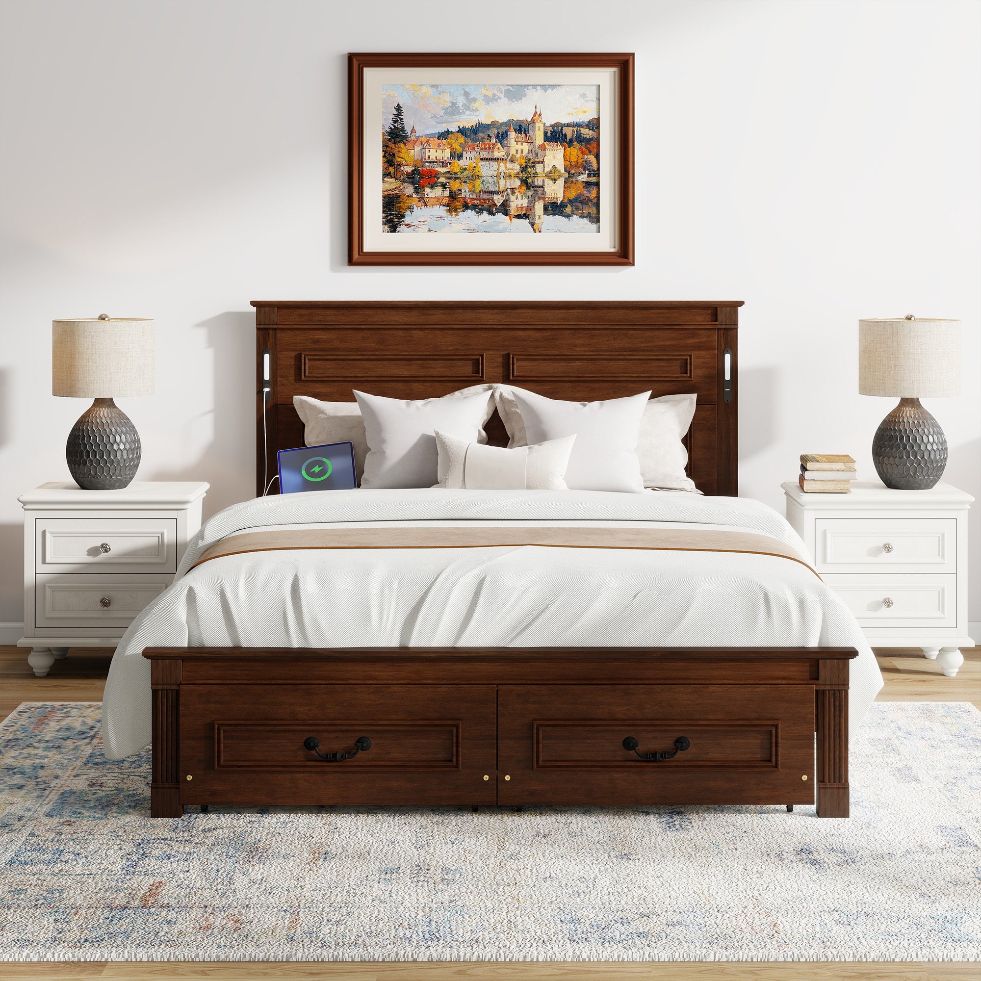 Queen Size Bed with Tall-Panel Headboard & Footboard, 2 Storage Drawers, Built-in LED Lights, USB Charging Station, Pinewood Bed with Strengthened Bed Frame,Walnut