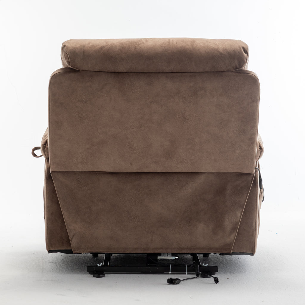 Velvet electric lift recliner in antique brown — angle view