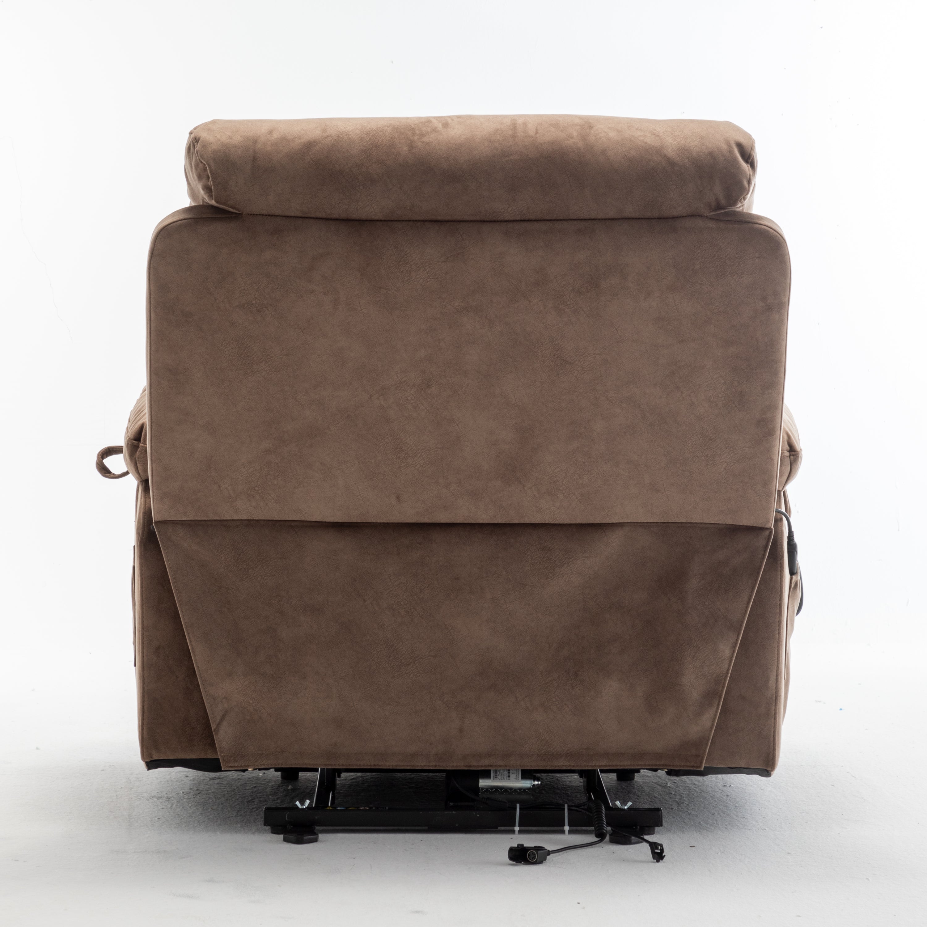 Velvet electric lift recliner in antique brown — angle view