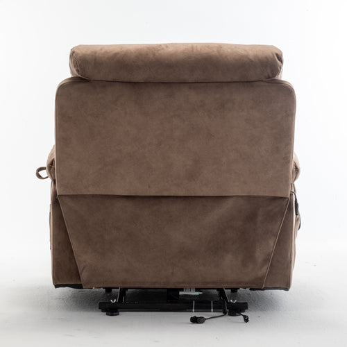 Velvet electric lift recliner in antique brown — angle view