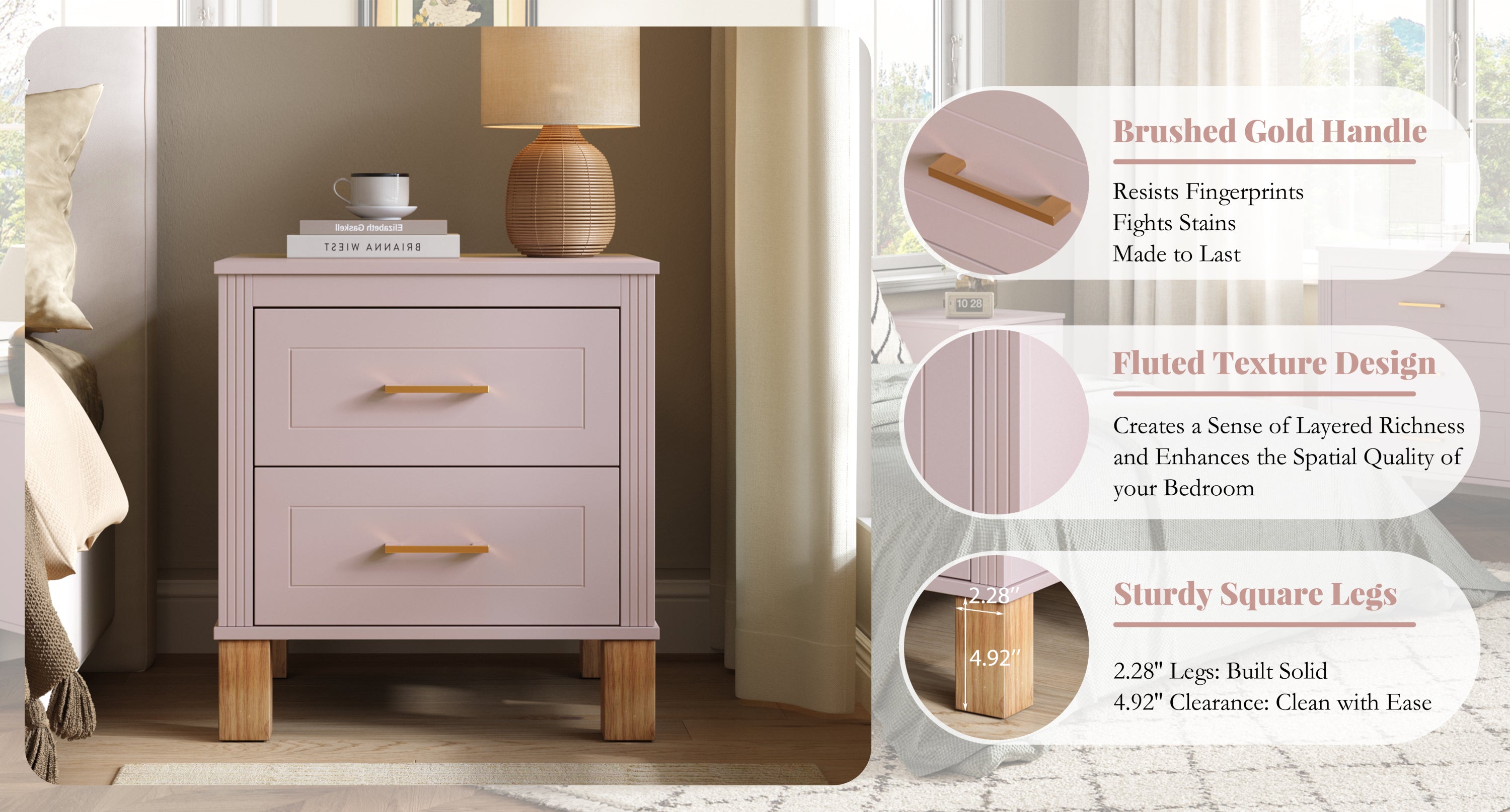 2 Drawer Nightstand, Premium Wood Storage with Elegant Fluted Design, Solid Wood Legs Nightstand with Metal Handle, Tall Bedside Table for Bedroom Living Room, White