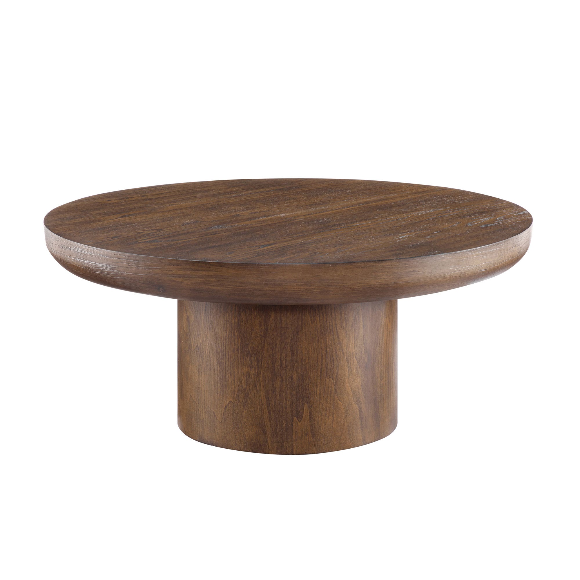 Round coffee table wood veneer tabletop close-up detail