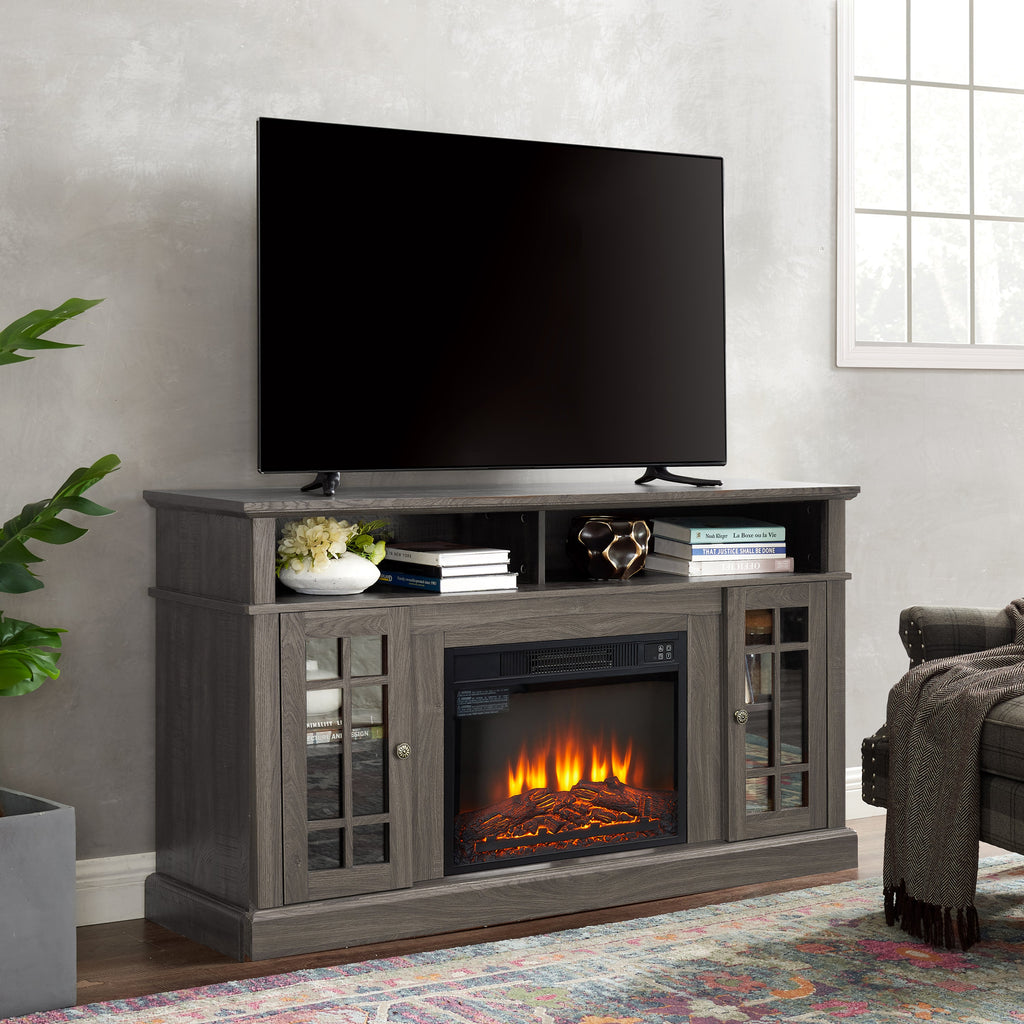 Classic TV Media Stand Modern Entertainment Console with 23' Fireplace Insert for TV Up to 65' with Open and Closed Storage Space, Espresso, 58.25'W*15.75'D*32'H