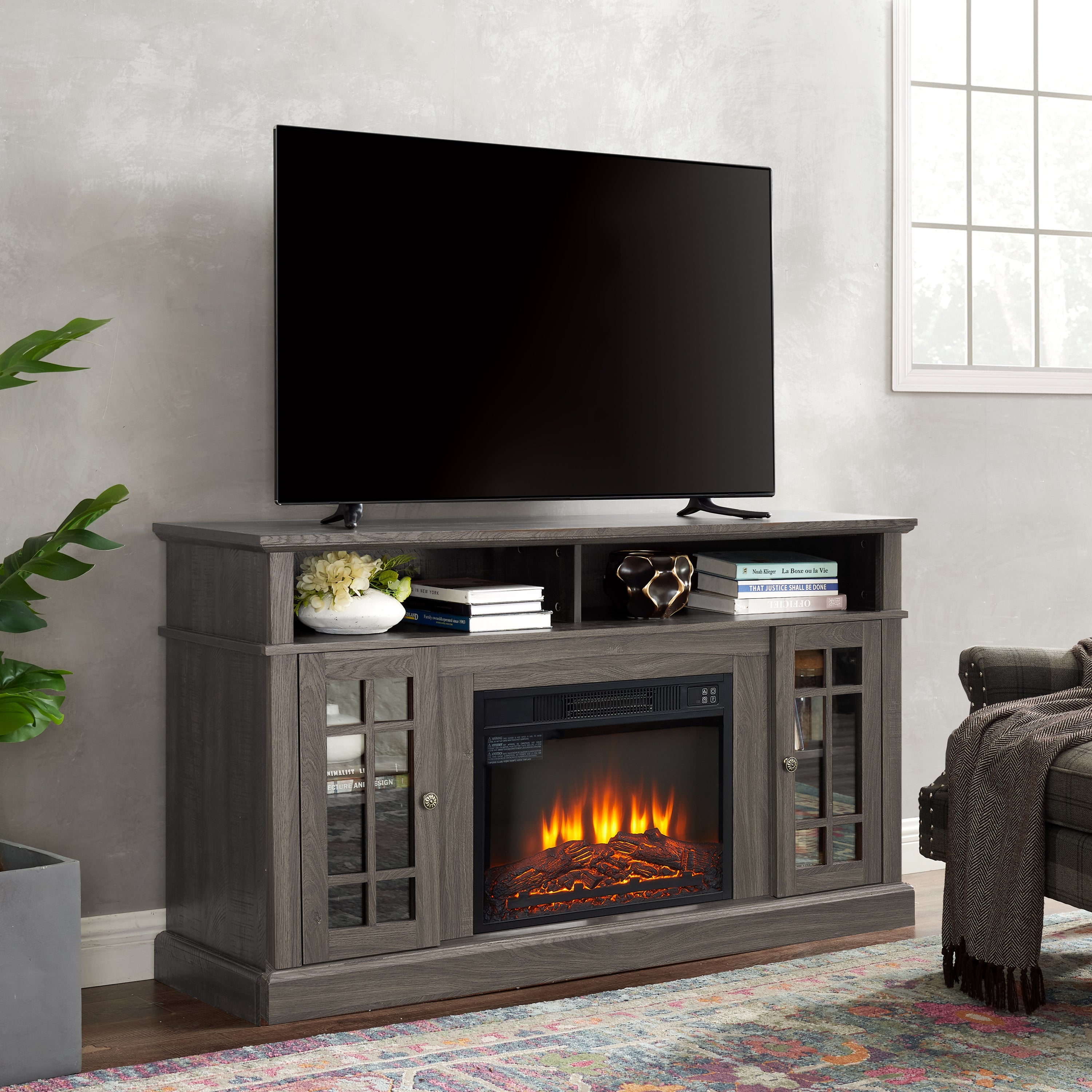Classic TV Media Stand Modern Entertainment Console with 23' Fireplace Insert for TV Up to 65' with Open and Closed Storage Space, Espresso, 58.25'W*15.75'D*32'H