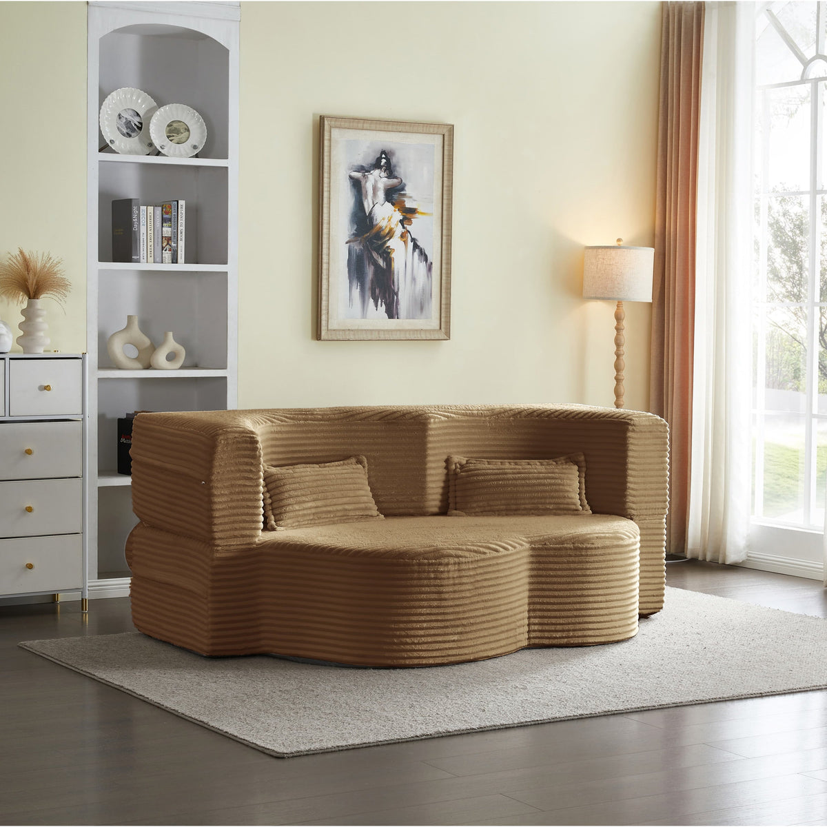 Modern Floor Sofa with 2 Pillows, Convertible Plush Corduroy Foam-Filled Sleeper Sofa Bed,15 ' Full Size Folding Mattress for Living Room, Guest Bed, no assembly required, Light Grey