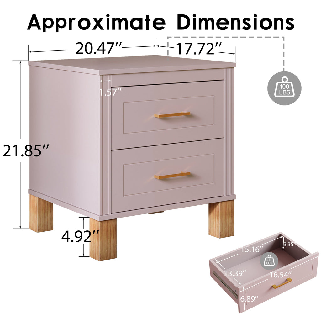 2 Drawer Nightstand, Premium Wood Storage with Elegant Fluted Design, Solid Wood Legs Nightstand with Metal Handle, Tall Bedside Table for Bedroom Living Room, White