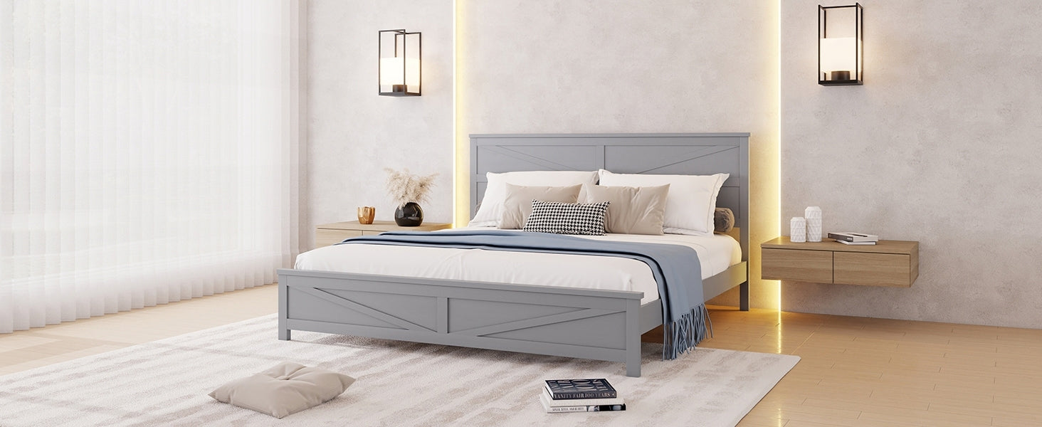 Farmhouse Style King Size Bed with Barn Door Designed Headboard and Footboard, Pinewood Bed with Strengthened Bed Frame,White