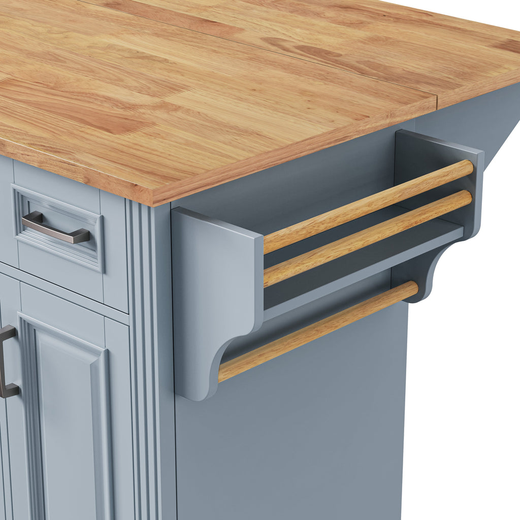 K&K 54inch Large Kitchen Island with Rubber Wood Drop Leaf, Embossed Texture Rolling Kitchen Cart on 4 Wheels with 4 Doors and 3 Drawers, Kitchen Island with Storage for Kitchen, Dining Room,Black