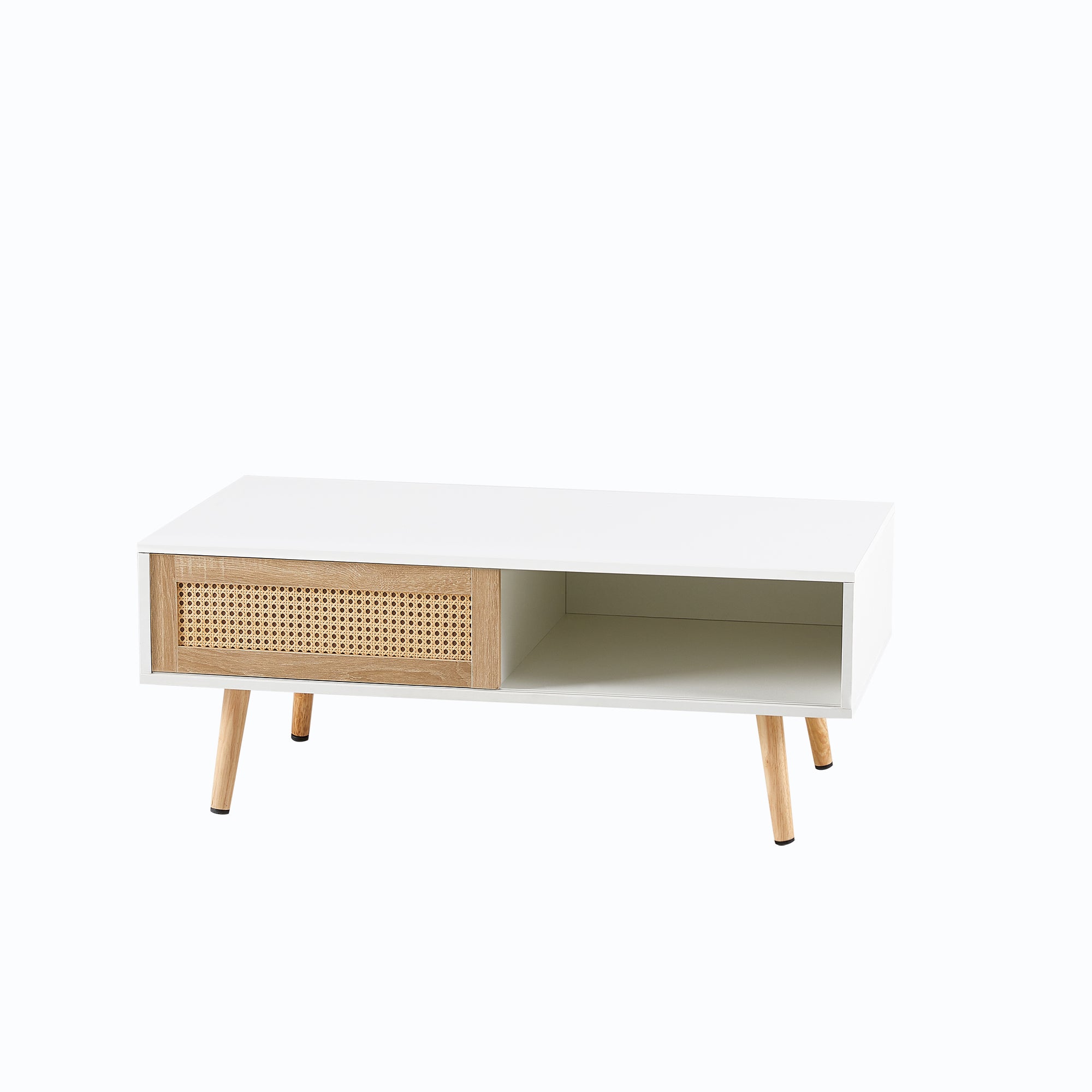 White rattan coffee table sliding door storage — front view