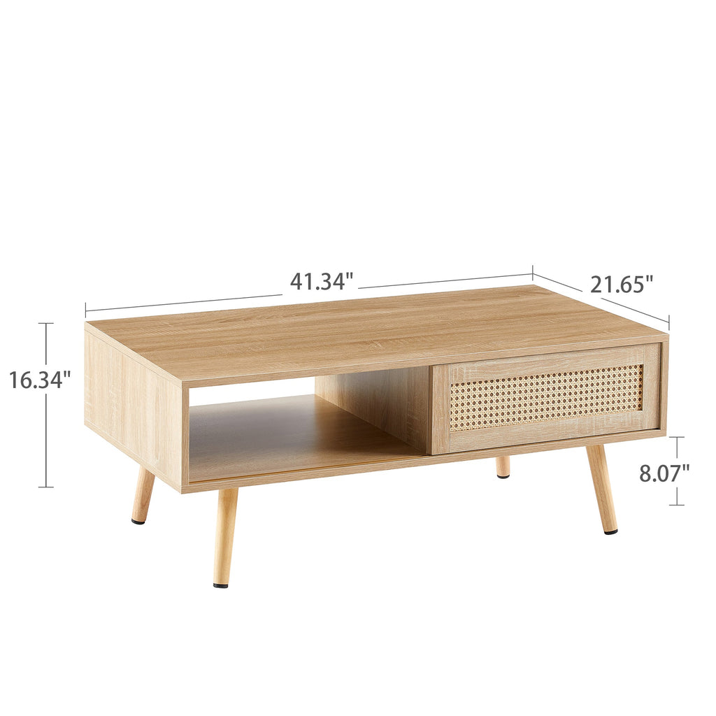 Rattan Coffee Table — Sliding Door Storage & Solid Wood Legs