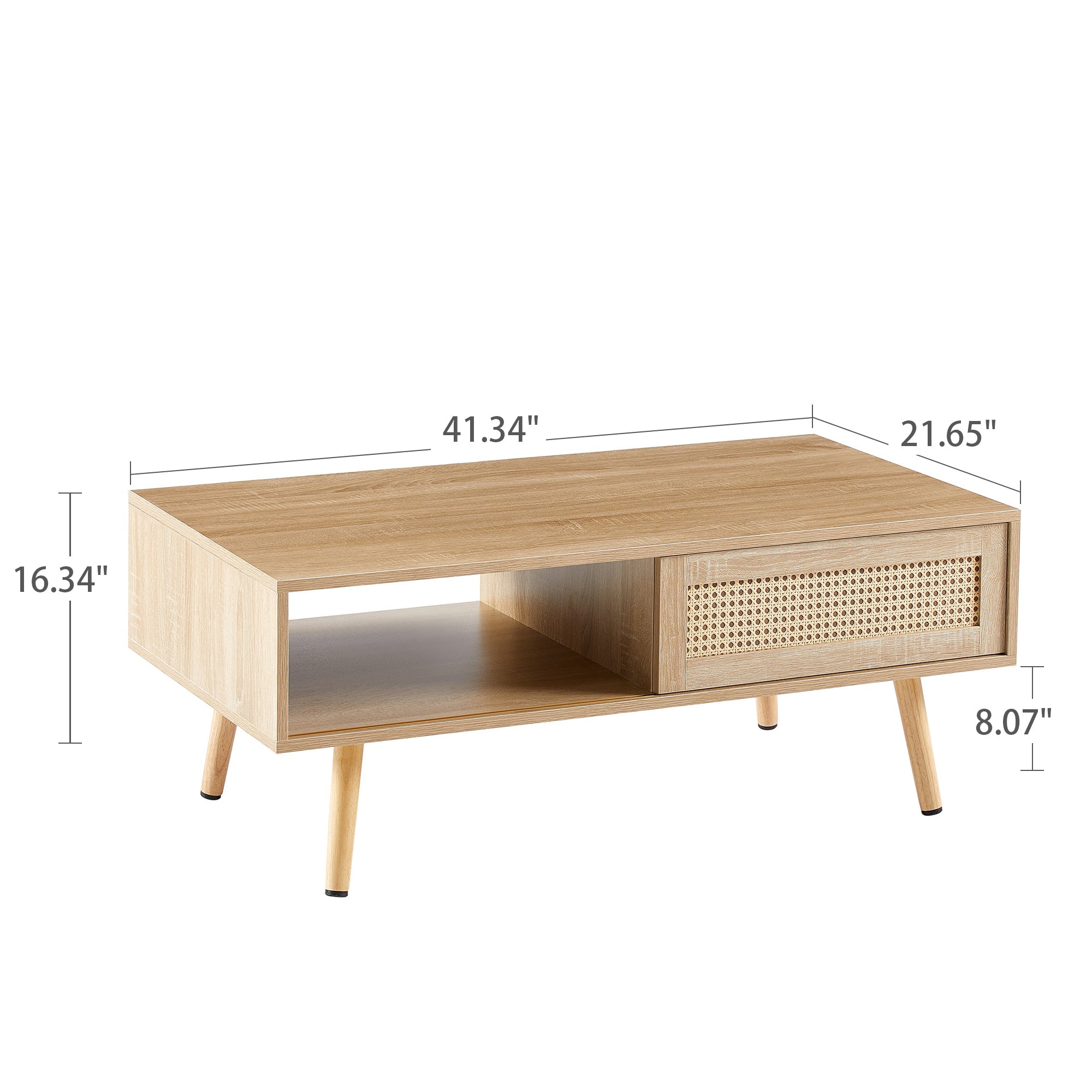 Rattan Coffee Table — Sliding Door Storage & Solid Wood Legs