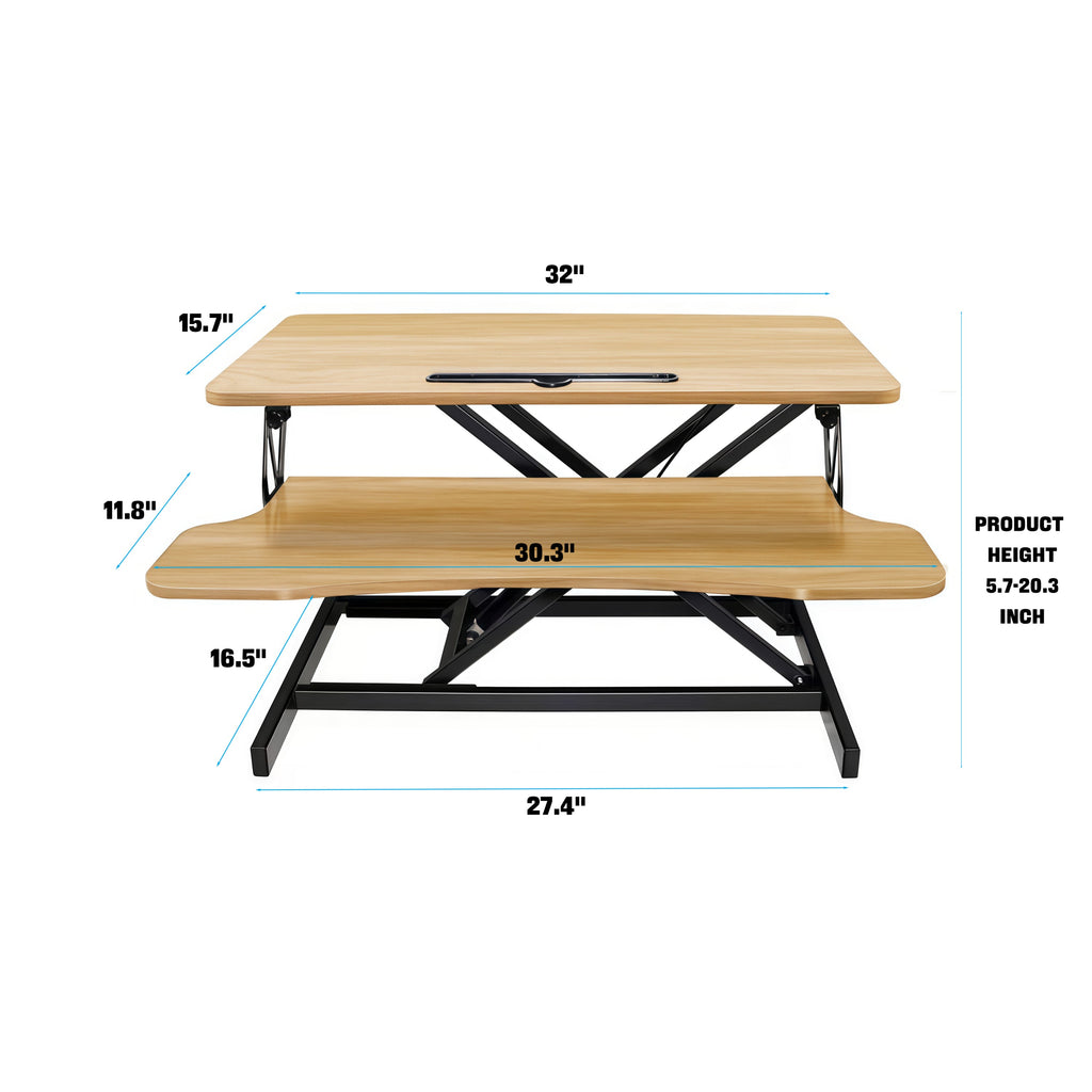 32 Inch Desk Converter, Height Adjustable Sit to Stand Riser, Dual Monitor and Laptop Workstation with Wide Keyboard Tray, Walnut Color