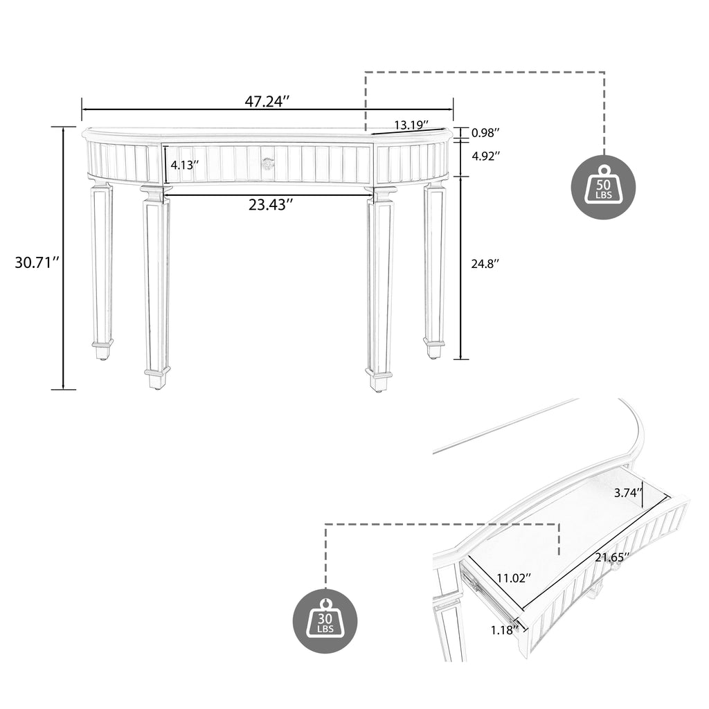 Gold silver console table vanity makeup station angle view