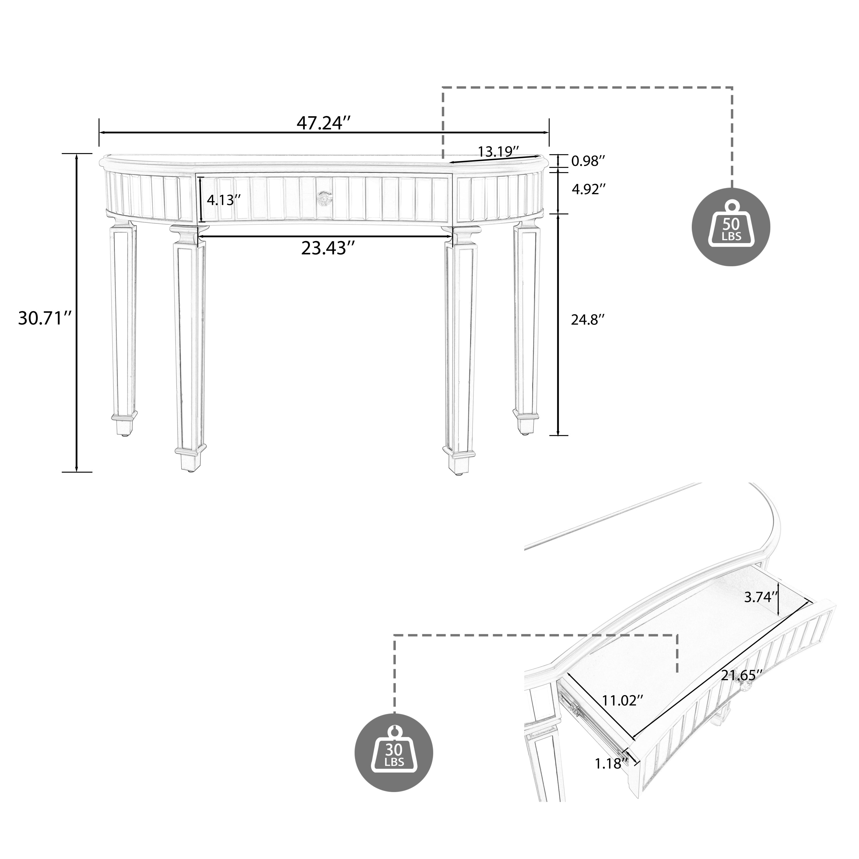 Gold silver console table vanity makeup station angle view