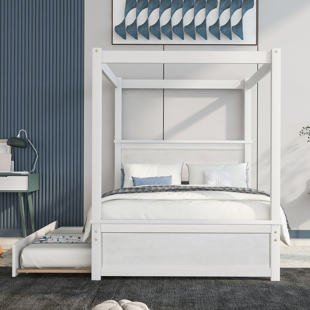 Brushed white wood canopy platform bed — angle view
