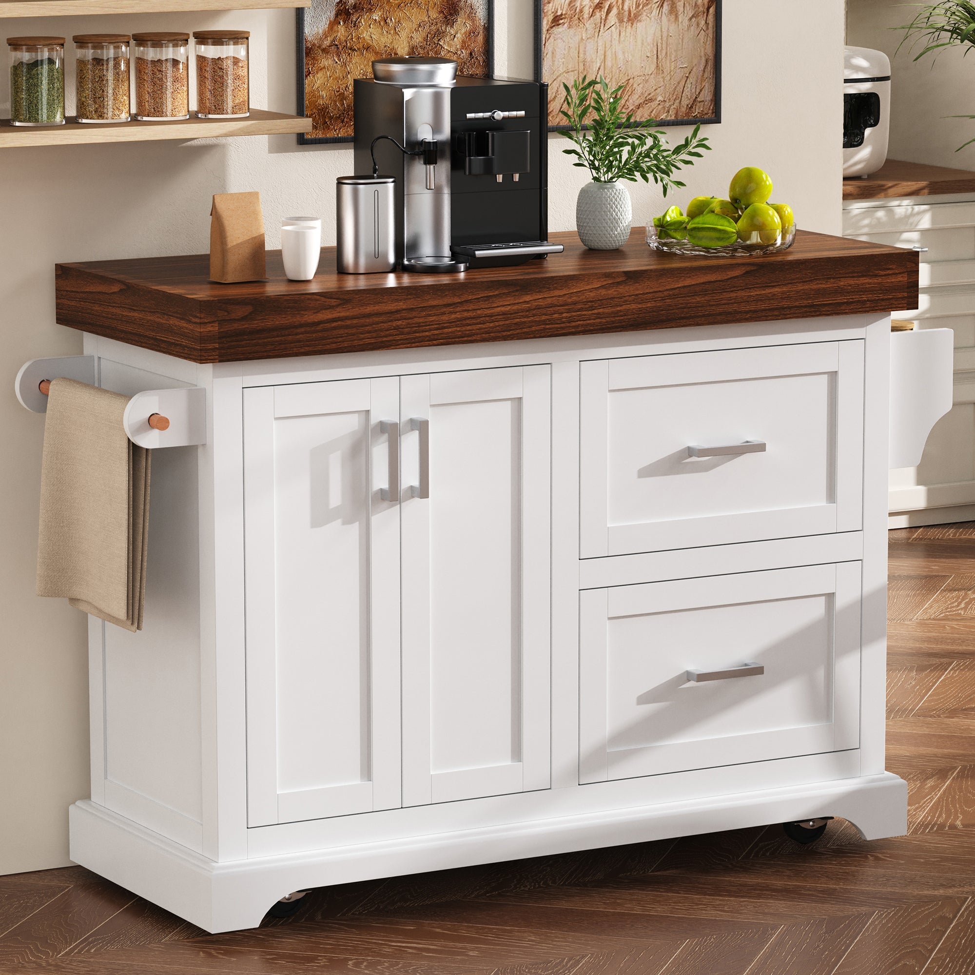 K&K 53' Large Kitchen Island with 3.5' Thick Desktop, Spice and Towel Racks, Rolling Kitchen Island with Storage on 5 Wheels, 2 Extra-large Drawers, for Home, Kitchen, Dining Room, Black