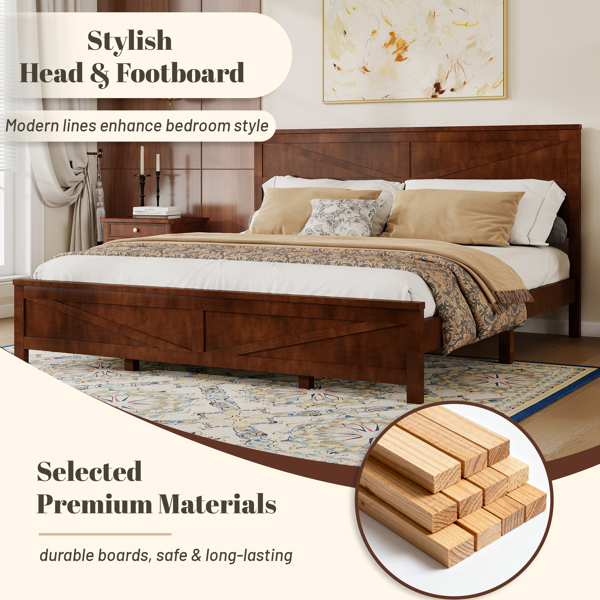 Farmhouse Style King Size Bed with Barn Door Designed Headboard and Footboard, Pinewood Bed with Strengthened Bed Frame,White