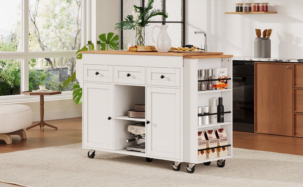 K&K 85.5' Kitchen Island with Extendable Dining Table, Kitchen Storage Table with 3 Side Open Shelves, Rolling Kitchen Island with Power Outlet, 3 Drawers, 2 Doors, for Kitchen, Dining Room, Black