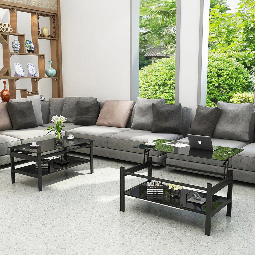 Lift-top coffee table raised surface laptop use detail