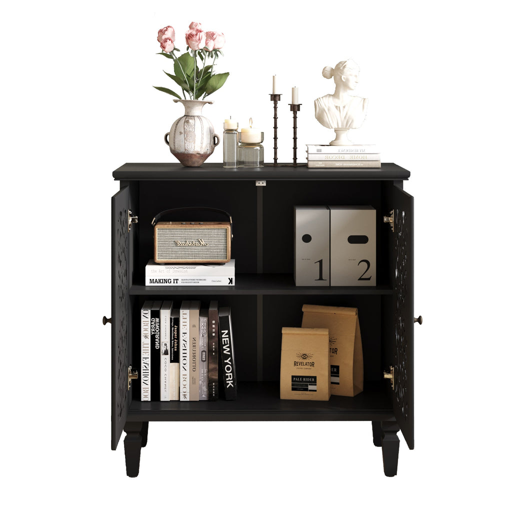 Vintage Hollow-Carved Accent Cabinet, 2-Door Display Storage Sideboard with Symmetrical Floral Design, Adjustable Shelf and Solid Wood Legs for Living Room Entryway(Antique Green)