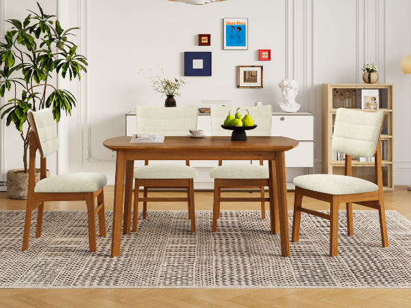 Farmhouse Dining Table Set for 4, Wood Kitchen Table & 4 Upholstered Chairs with Sturdy Rubber Wood Frame, Padded Seat, Curved Backrest, Space-Saving Dinette Set for Dining Room, Brown+Gray