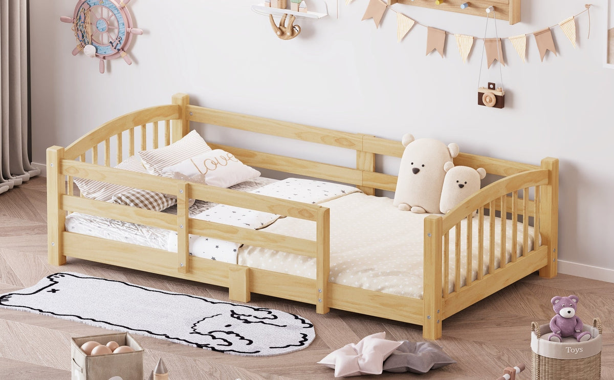 Twin Montessori Floor Bed with Slats and Safety Guardrails, Solid Wood Floor Bed with Fence and Without Door, Easy Assemble Montessori Bed for Girls and Boys, Gray
