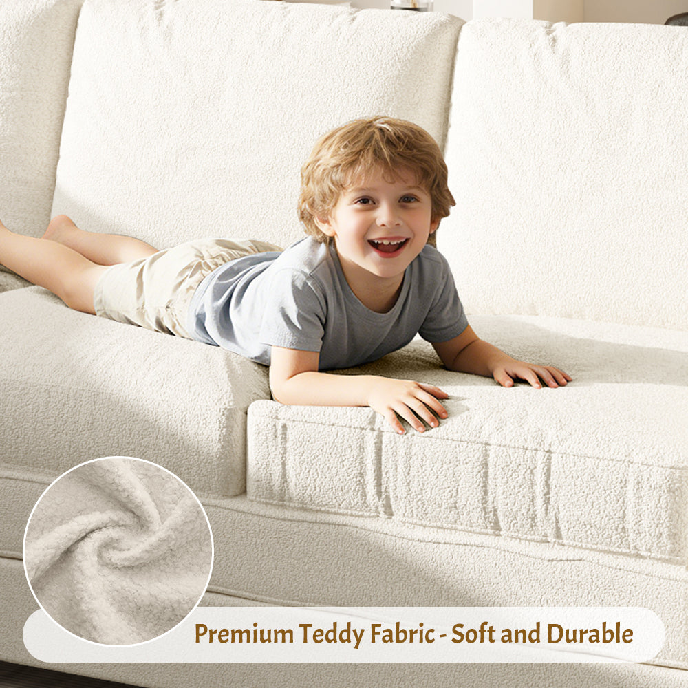 115.2' L-Shaped Sofa Couch with Pull-Out Bed,Oversize Convertible Sleeper Sofa with side Pocket & USB Port,Teddy Upholstered Sectional Couches with Convert Left/Right Facing, Light Grey