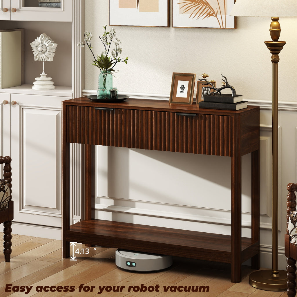 Mid-century walnut entryway console table slim narrow profile