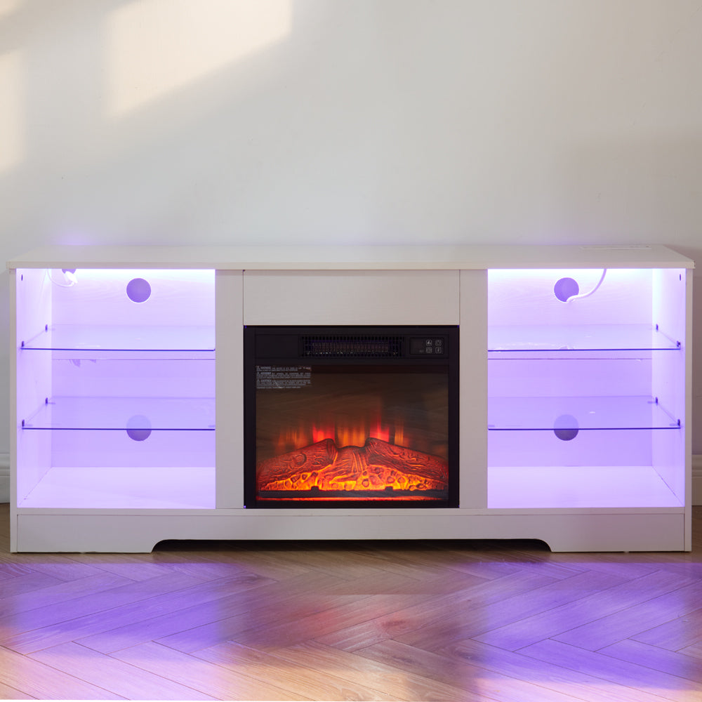 TV Stand with Electric Fireplace — Glass Shelves & USB Outlets for TVs Up to 62"