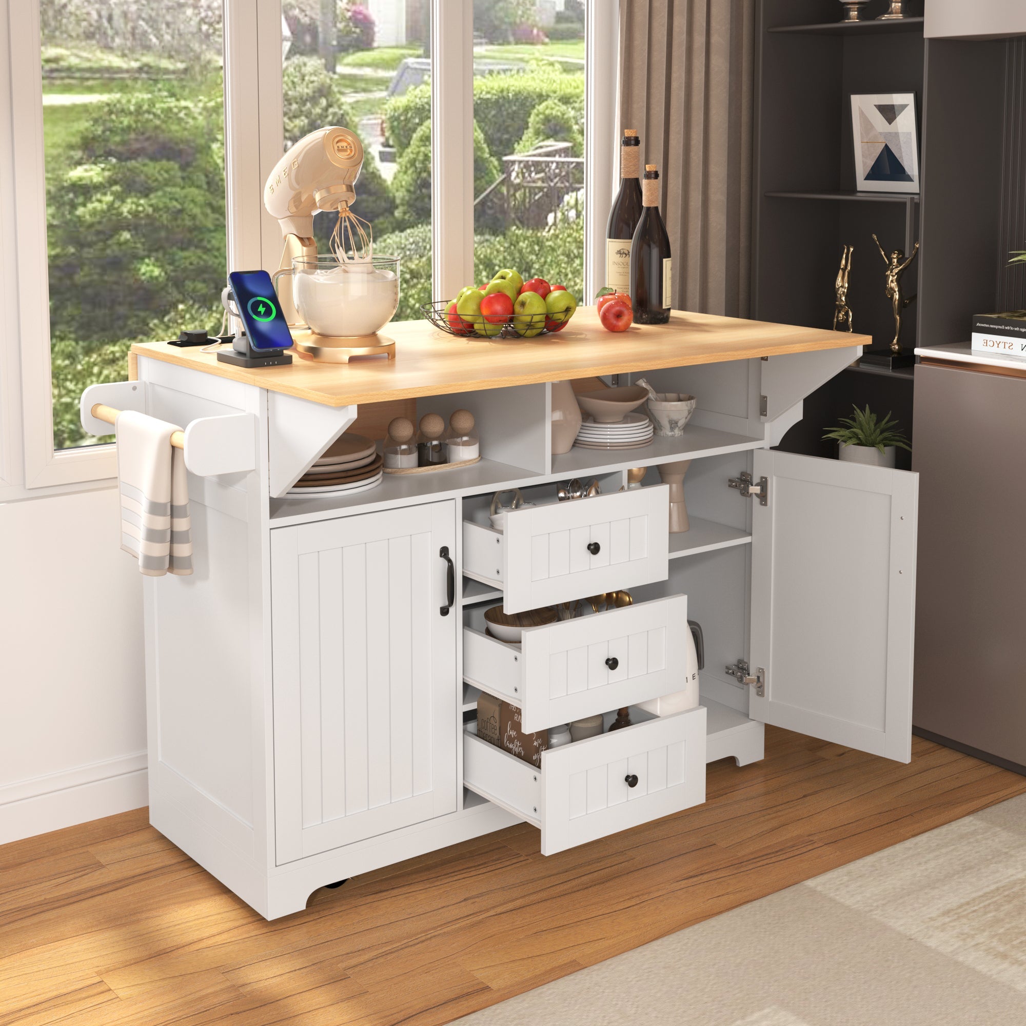K&K 55.7'' Large Kitchen Island with 2 Drop Leaf,, Rolling Kitchen Cart on 5 Wheels with Power Outlet, Folding Storage Dining Table with Spice & Towel Rack , 3 Drawers, for Kitchen, Dining Room,Black
