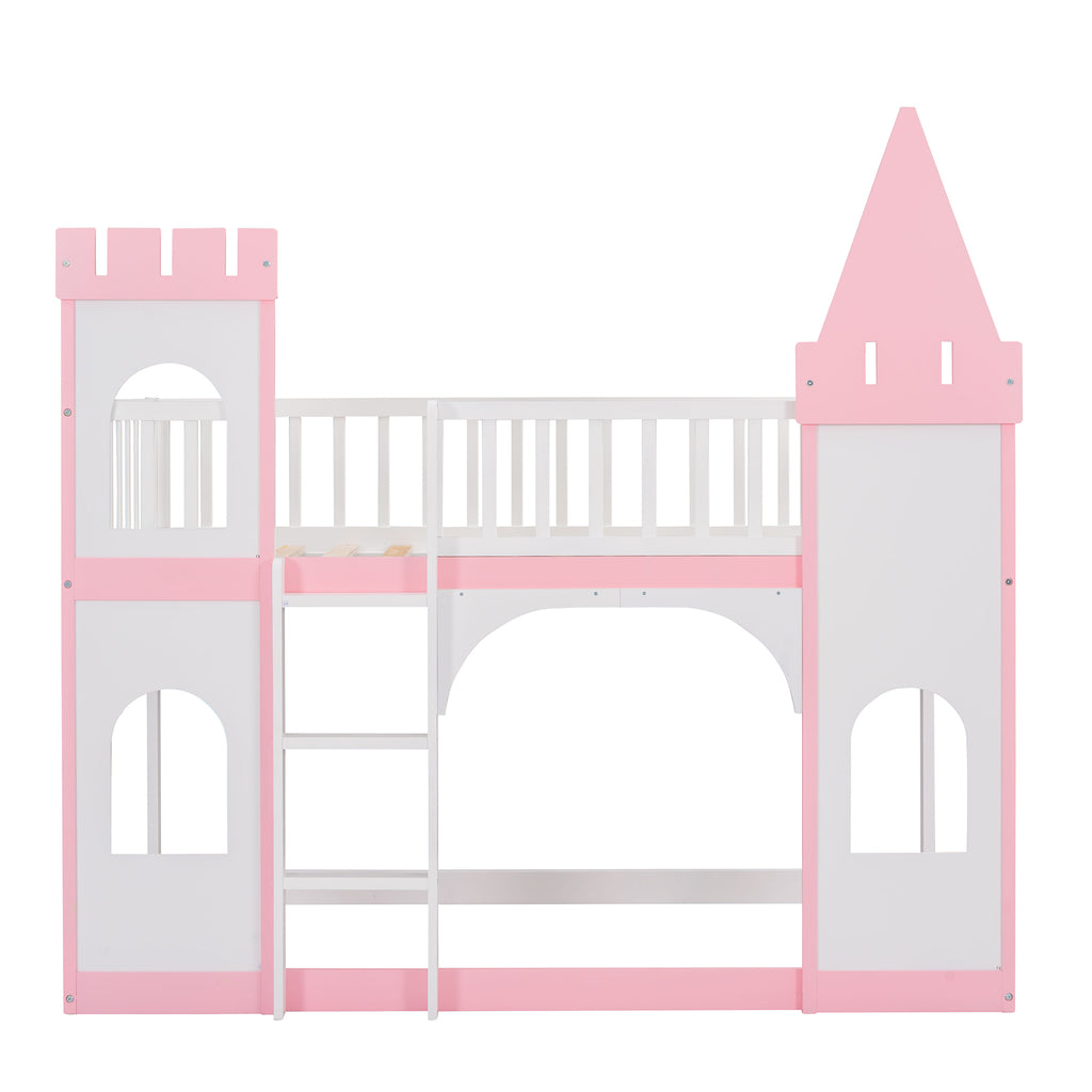 Pink twin bunk bed with guardrails and castle roof detail