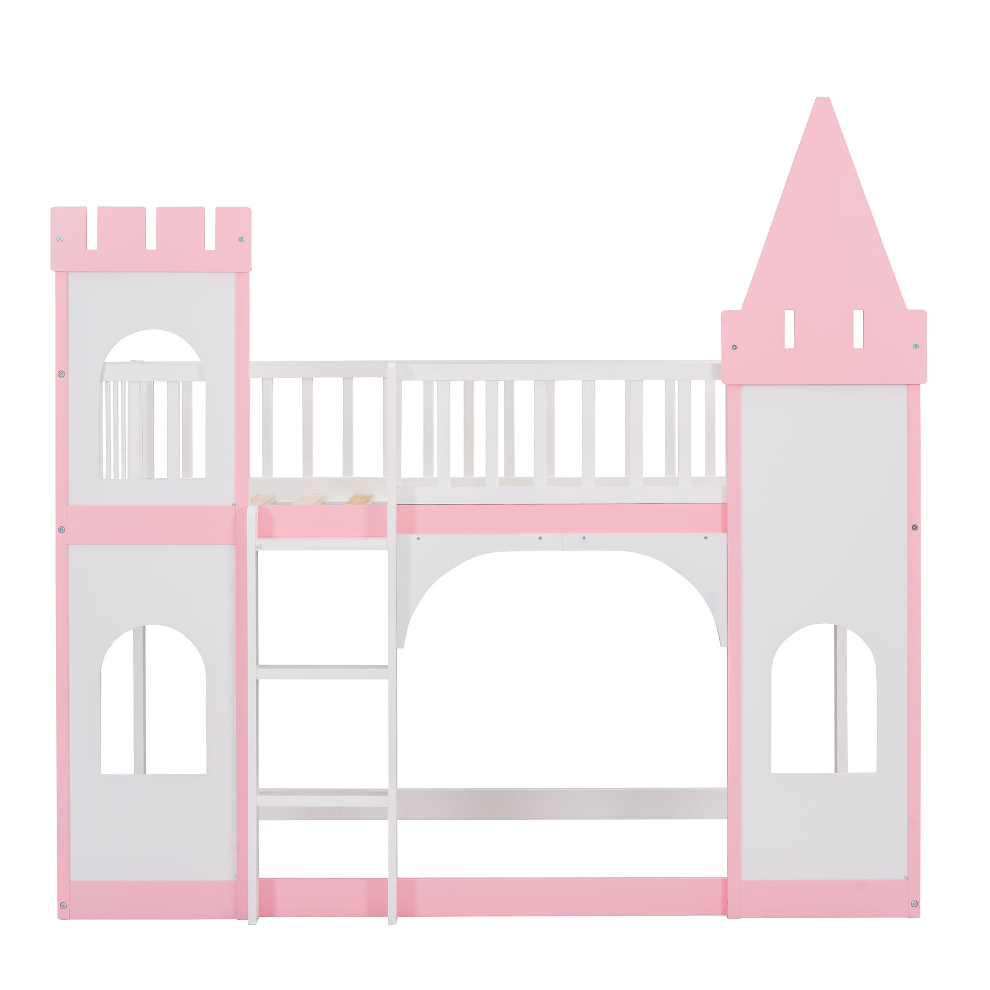 Pink twin bunk bed with guardrails and castle roof detail