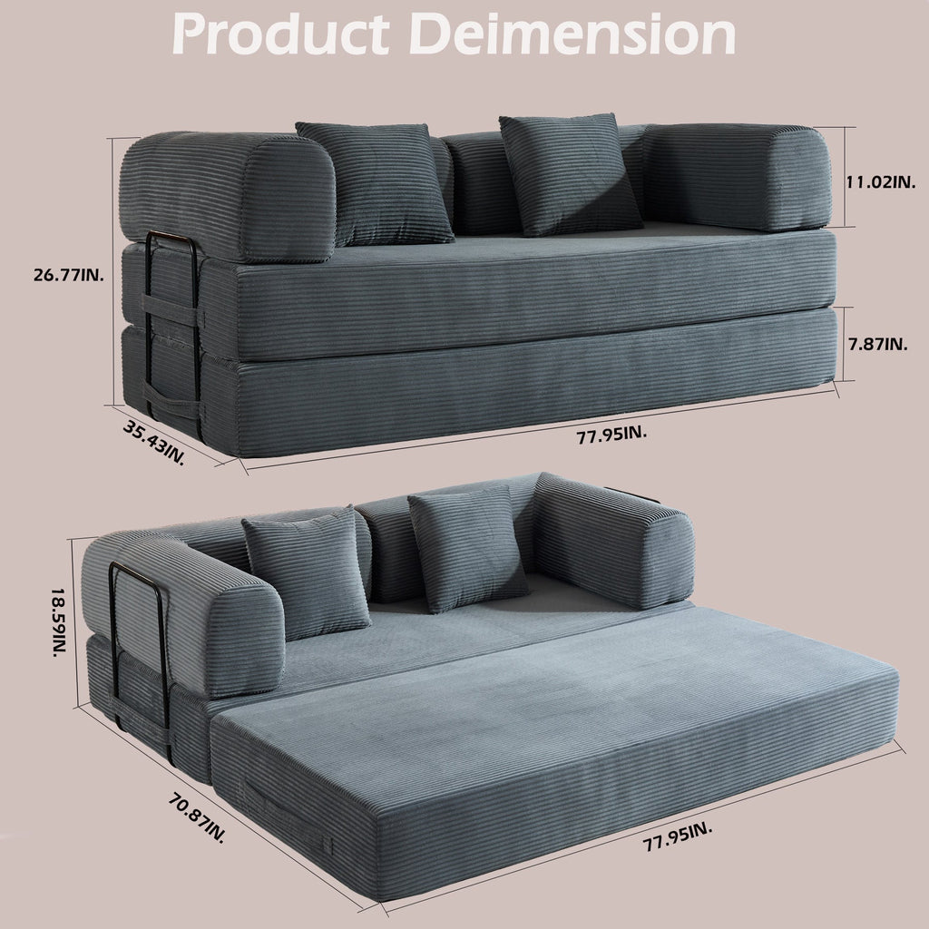 Convertible Sleeper Sofa Bed with Cylindrical Pillow, Corduroy Folding Mattress Couch with Fixed-Shape Frame, Floor Sofa Lounge Couch for Living Room Bedroom Black
