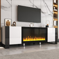 White high-gloss TV stand with decorative electric fireplace — front view
