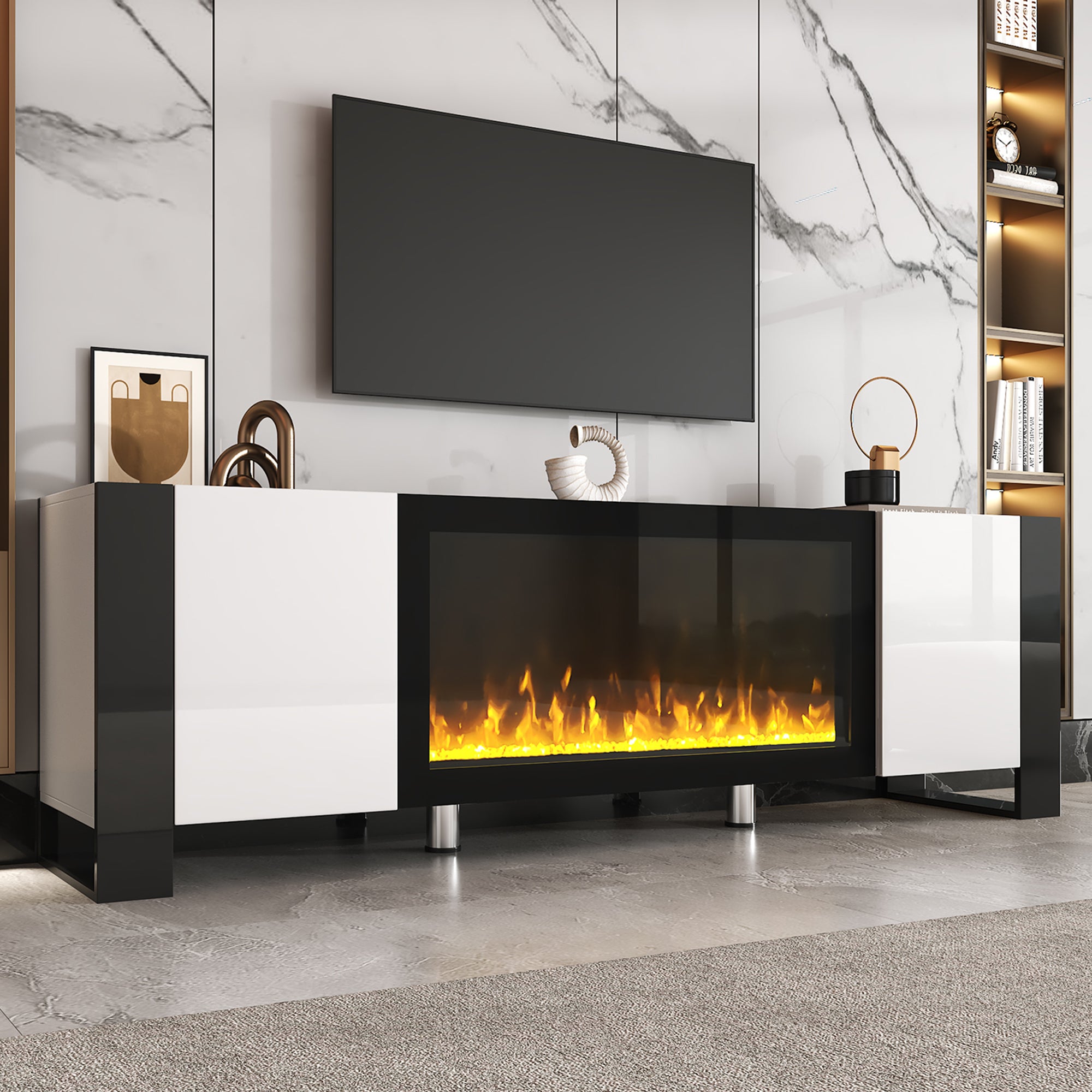 White high-gloss TV stand with decorative electric fireplace — front view