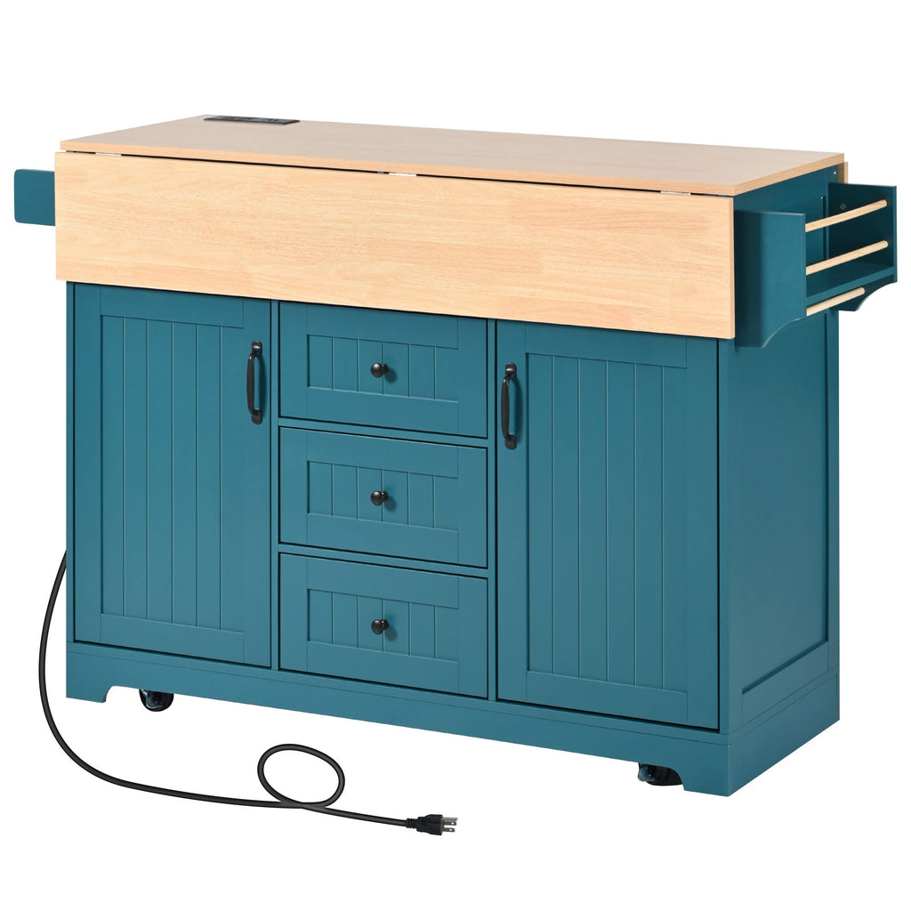 K&K 55.7'' Large Kitchen Island with 2 Drop Leaf,, Rolling Kitchen Cart on 5 Wheels with Power Outlet, Folding Storage Dining Table with Spice & Towel Rack , 3 Drawers, for Kitchen, Dining Room,Black