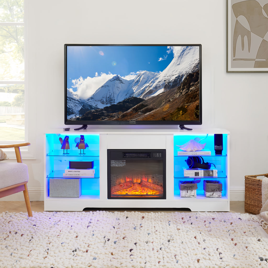 White TV stand with electric fireplace — front view
