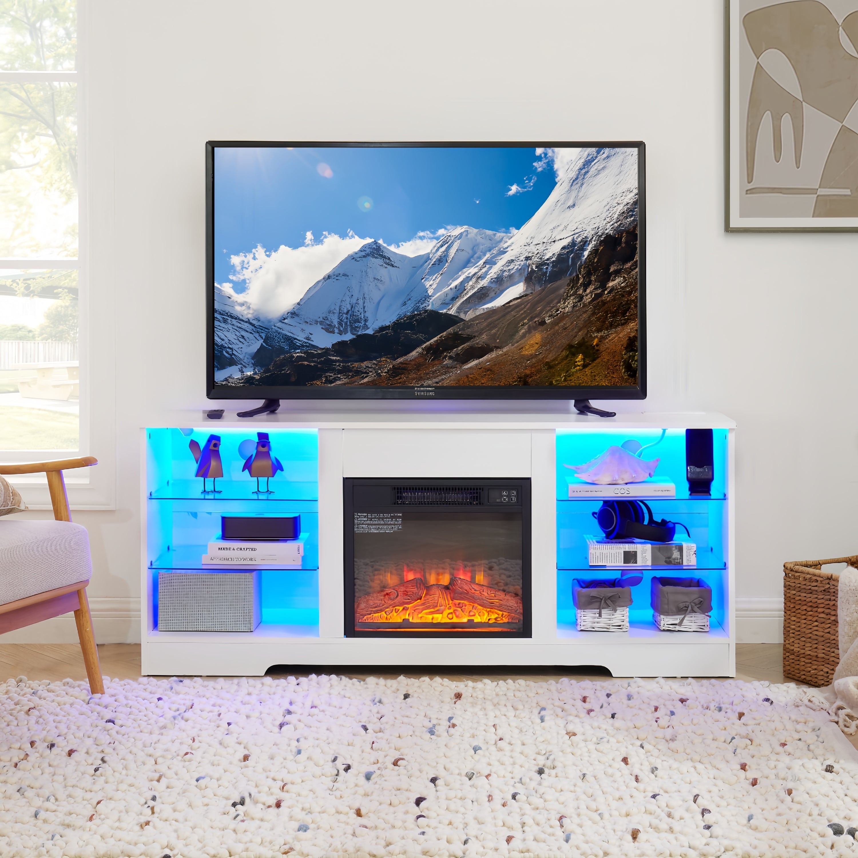 TV Stand with Electric Fireplace — Glass Shelves & USB Outlets for TVs Up to 62"