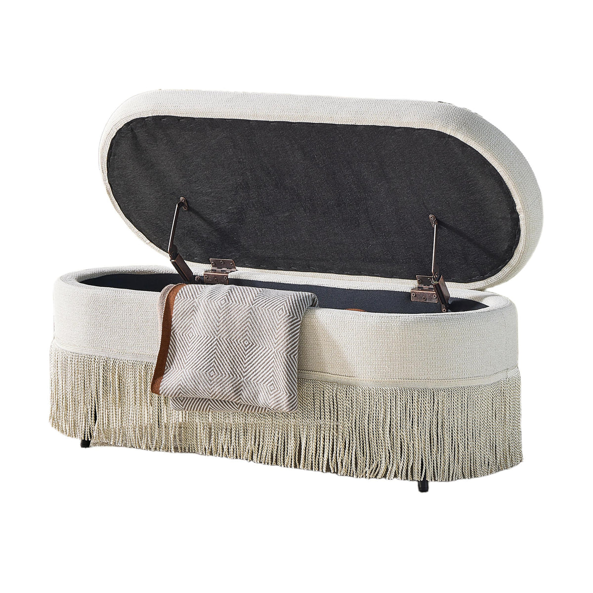 Oval Upholstered Storage Ottoman with Fringe Trim & Lift-Top Lid - 39'L x 16'W x 17'H, Multi-Functional Footrest & Hidden Storage for Living Room or Bedroom - Beige Fabric with Metal Frame