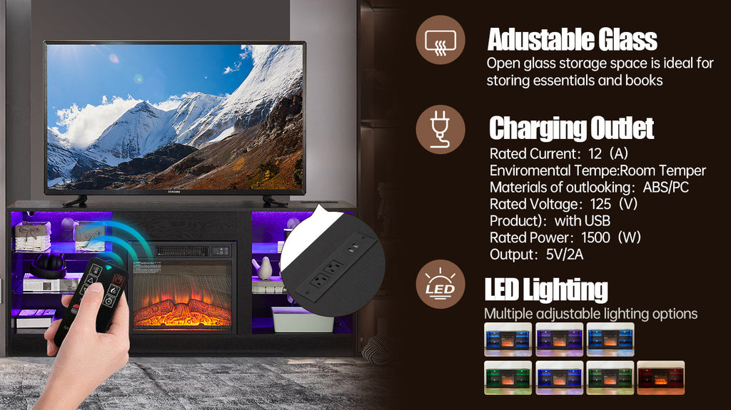 TV Stand with Electric Fireplace — Glass Shelves & USB Outlets for TVs Up to 62"