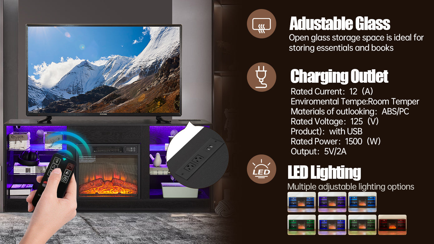 TV Stand with Electric Fireplace — Glass Shelves & USB Outlets for TVs Up to 62"