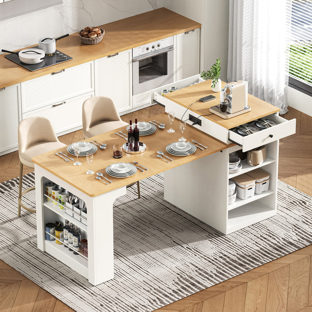 K&K 59.5' Kitchen Island with Extendable Dining Table, Kitchen Storage Table with Double-sided Storage, Kitchen Island with 2 Drawers, Power Outlet, Side Open Shelves, for Kitchen, Dining Room, Black