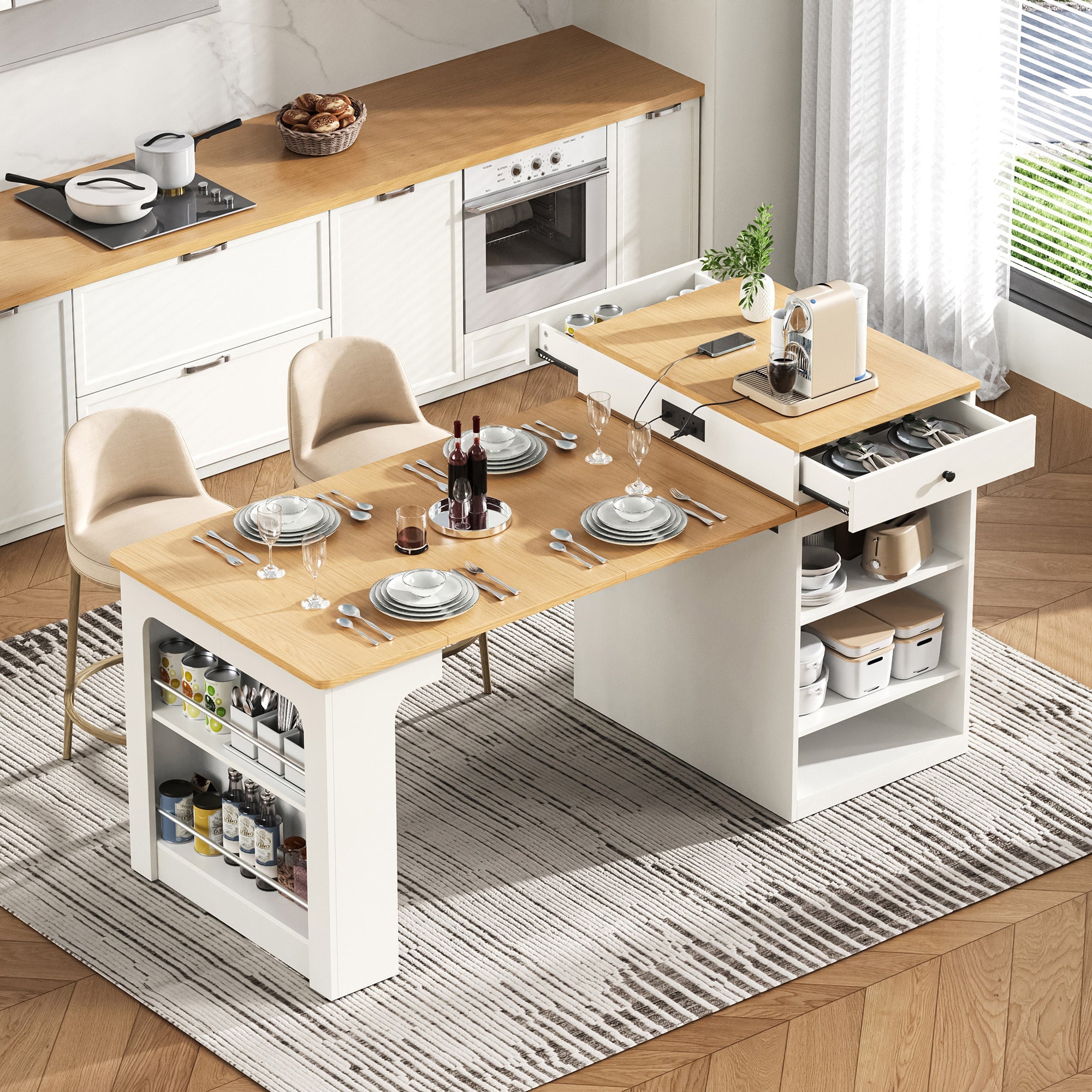 K&K 59.5' Kitchen Island with Extendable Dining Table, Kitchen Storage Table with Double-sided Storage, Kitchen Island with 2 Drawers, Power Outlet, Side Open Shelves, for Kitchen, Dining Room, Black