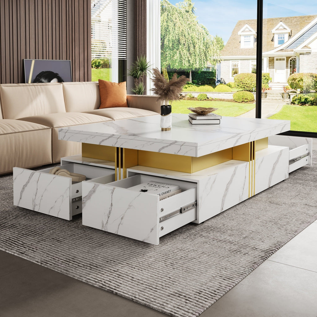Square Storage Coffee Table — 4 Drawers & Gold Accents
