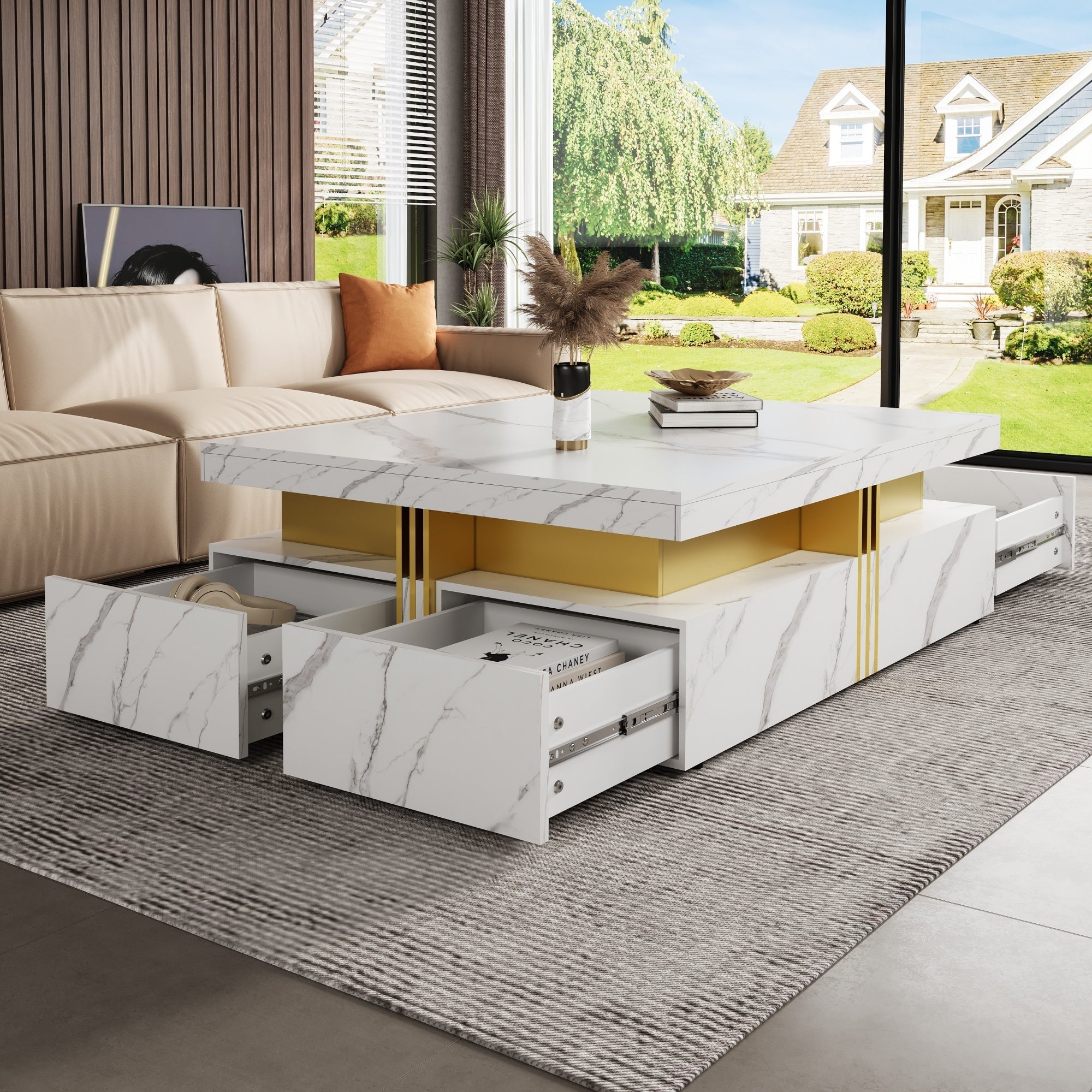 Square Storage Coffee Table — 4 Drawers & Gold Accents