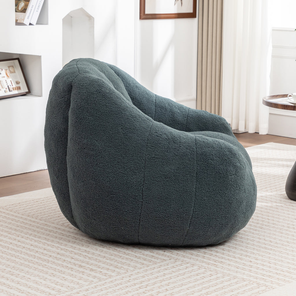 Green bean bag chair with armrests side profile