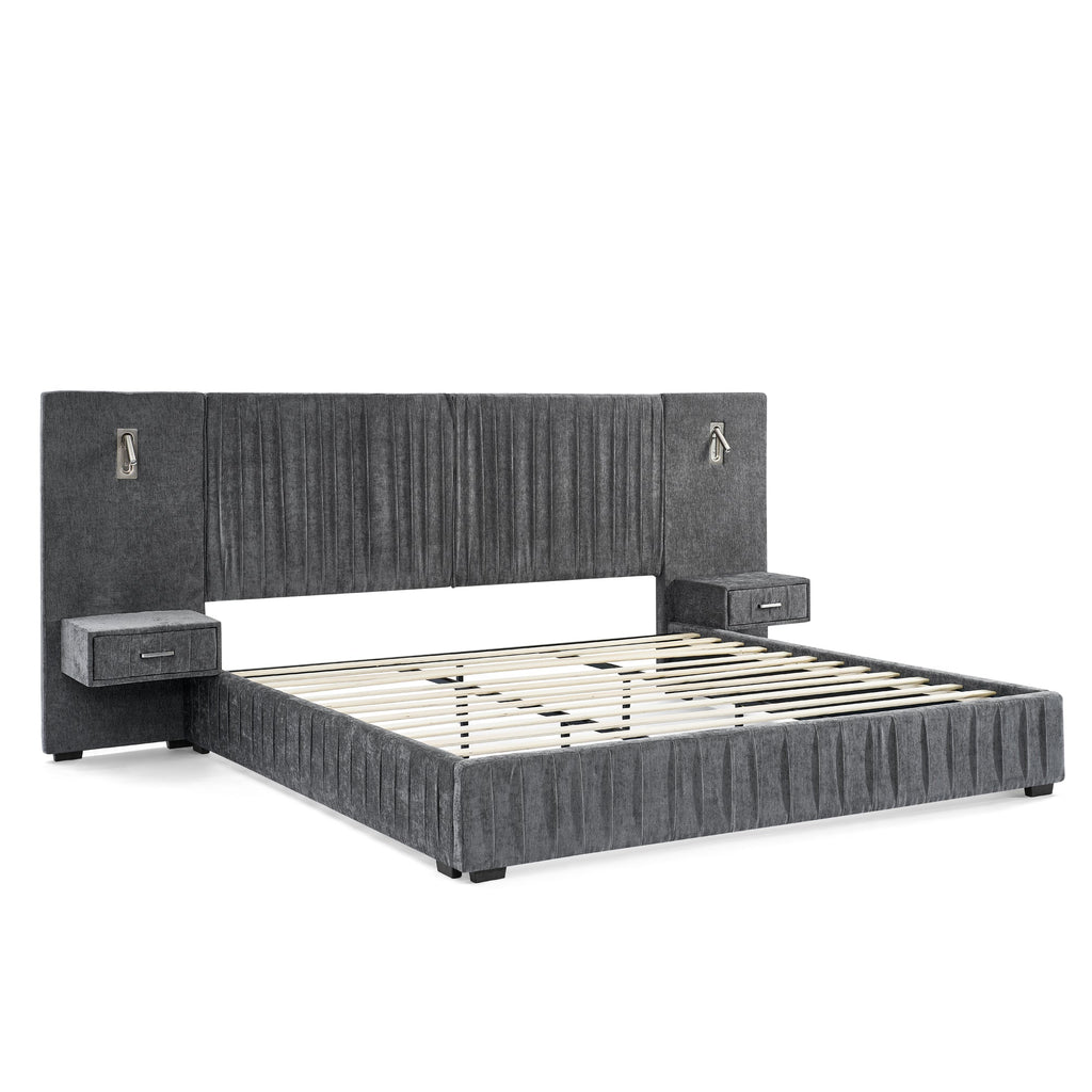King Size Upholstered Bed Frame with Chenille fabric with pleated design,Grounded King Size Platform Bed with Headboard and Solid Frame and the bedside table.No Box Spring Needed-Blue-Green