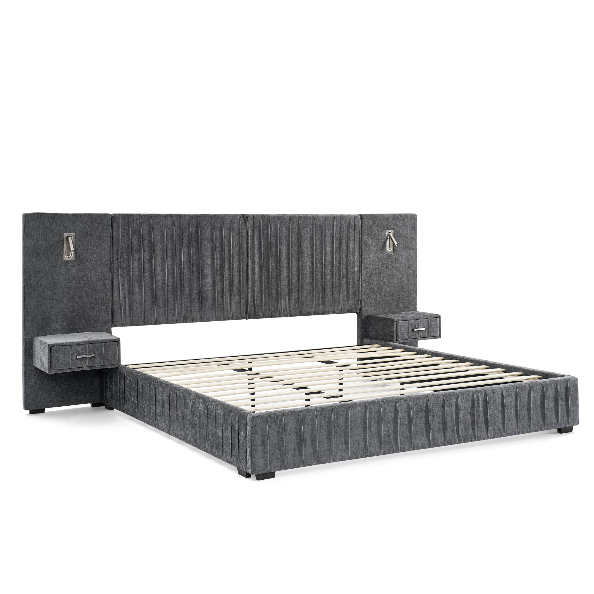 King Size Upholstered Bed Frame with Chenille fabric with pleated design,Grounded King Size Platform Bed with Headboard and Solid Frame and the bedside table.No Box Spring Needed-Blue-Green