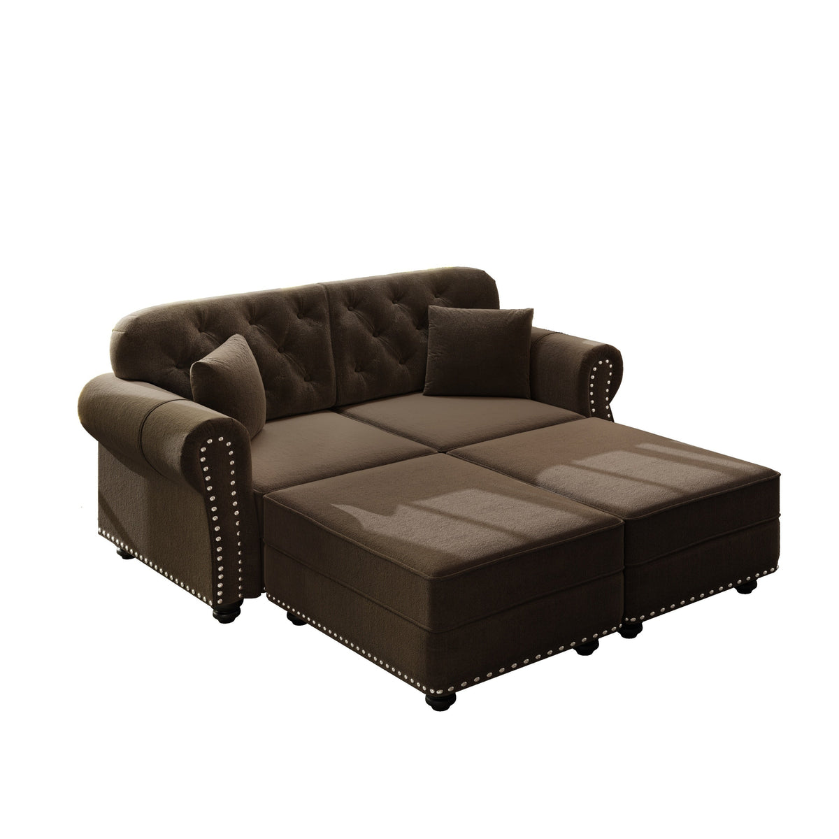 63'Upholstered Velvet Sofa with Nailhead Trim and Rolled Armrests,Mid-Century Modern Chesterfield Sofa with Button Tufted,Includes 2 Pillows,Beige/White