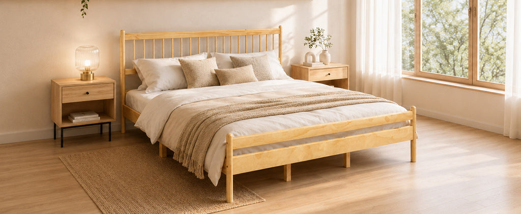 Traditional Style King Size Bed with Headboard and Footboard, Pinewood Bed with Strengthened Bed Frame,Walnut